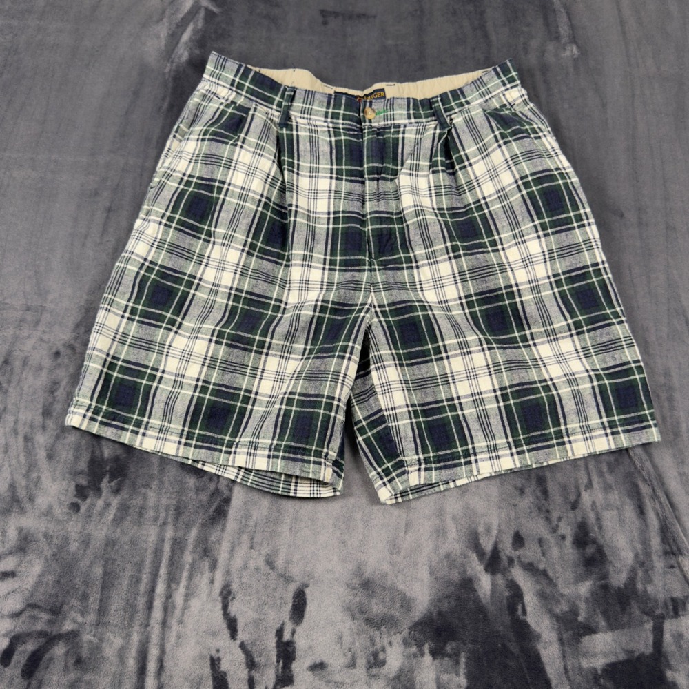 Tommy Hilfiger Golf Shorts Mens 36 Green Plaid Pleated Linen Blend 8.5 Inseam
